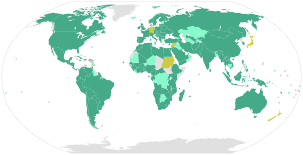World map with United Nations Convention against Corruption ratifiers in green and signatories in orange (as of Feb 2014)