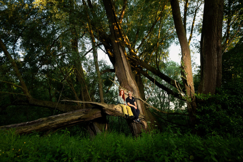 Artist, gardener and deputy mayor of Telgte Tatjana Scharfe sitting in a broken willow tree by the river Ems near Telgte, Germany with photographer Jan Söhlke